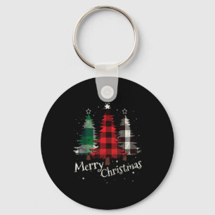 Merry Christmas Three Xmas Trees Buffalo Plaid Wom Key Ring