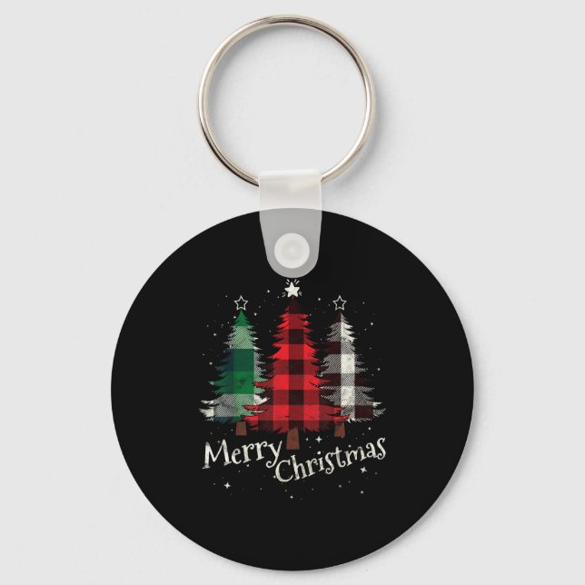 Merry Christmas Three Xmas Trees Buffalo Plaid Wom Key Ring (Front)