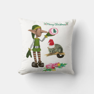Merry Christmas Throw Pillow, Elf Possum Cushion