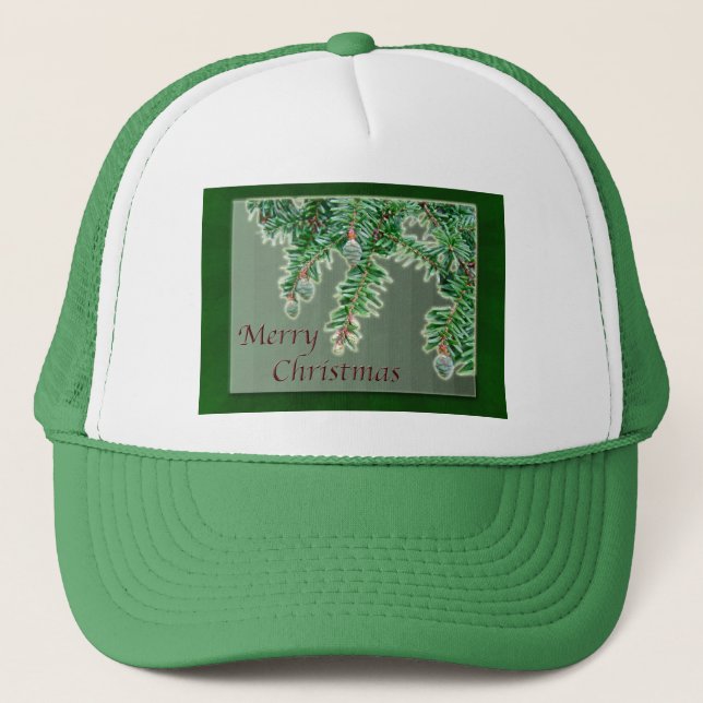 Merry Christmas Tiny Evergreen Cones Trucker Hat (Front)