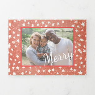 Merry Christmas Tiny White Stars Candy Red Photo Tri-Fold Holiday Card