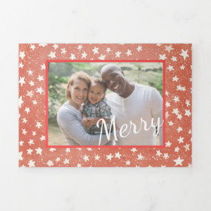 Merry Christmas Tiny White Stars Candy Red Photo Tri-Fold Holiday Card