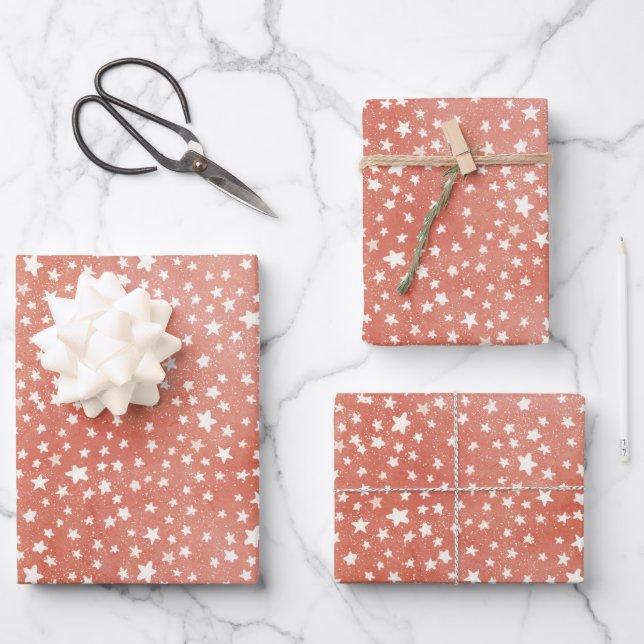 Merry Christmas Tiny White Stars Twinkling on Red Wrapping Paper Sheet (Front)