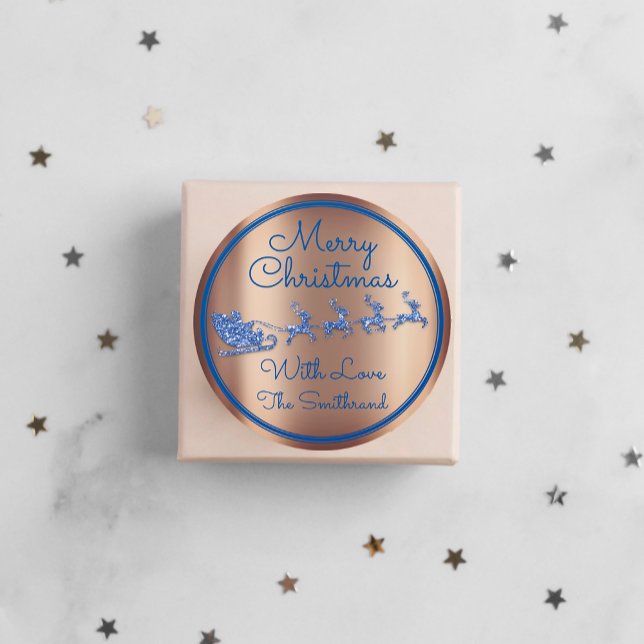 Merry Christmas To From Blue Navy Glitter Rose Classic Round Sticker (Merry Christmas To From Blue Navy Glitter Rose Classic Round Sticker)