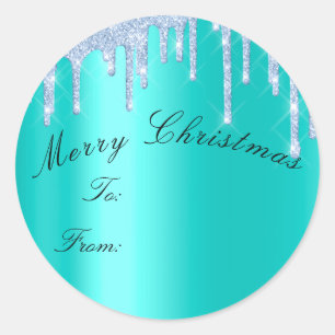 Merry Christmas To From Holidays MInt Drips Blue Classic Round Sticker