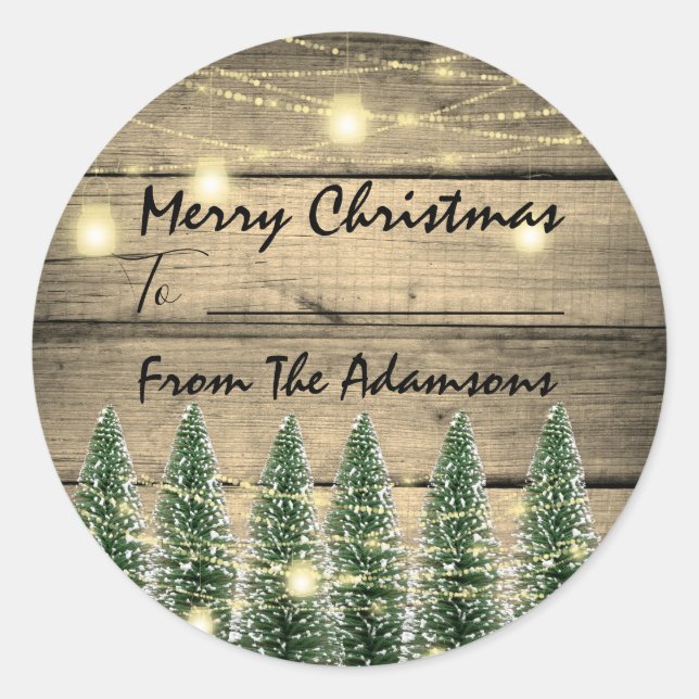 Merry Christmas To..From Name Rustic Tree Farm Classic Round Sticker (Front)