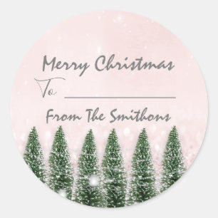 Merry Christmas To..From Name Rustic Tree Pink Classic Round Sticker