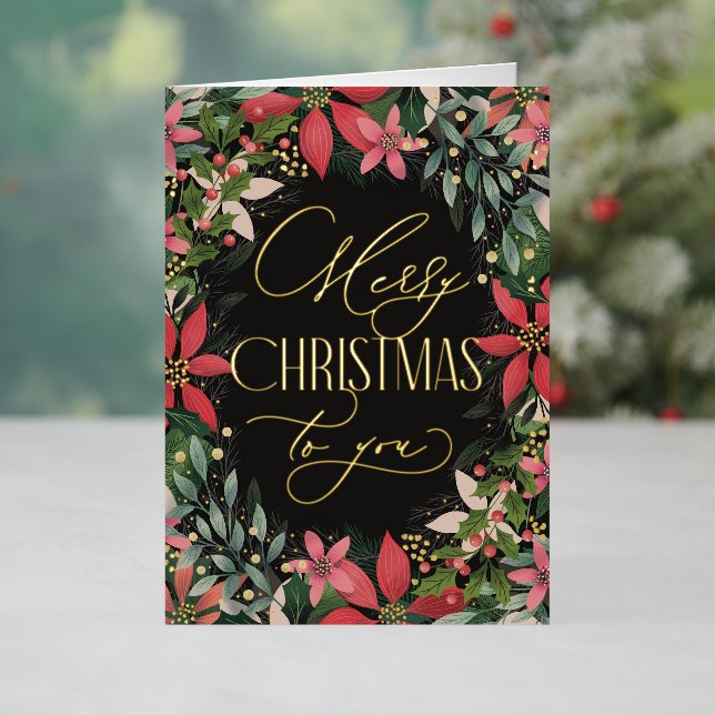Merry Christmas to You Classic Poinsettia Gold Foil Holiday Card (Holiday In Situ)