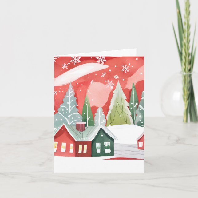 Merry Christmas Town | Red Green Watercolor Holiday Card (Front)