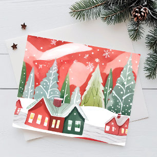 Merry Christmas Town Red Green Watercolor Holiday Postcard
