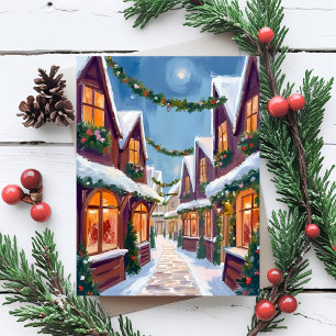 Merry Christmas Town Watercolor Holiday Postcard