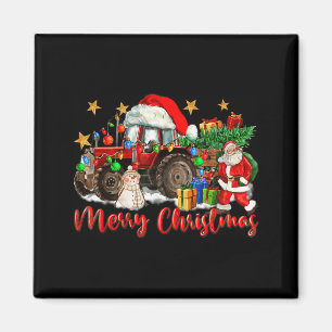 Merry Christmas Tractor With Santa Snowman  Magnet