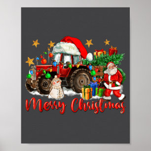 Merry Christmas Tractor With Santa Snowman Poster