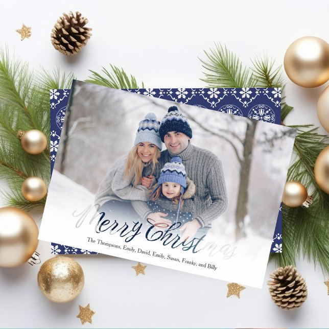Merry Christmas Traditional Blue White Snowflakes Holiday Card (Merry Christmas Photo overlay calligraphy script card. with a blue and white snowflake pattern. )