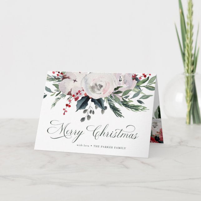 Merry Christmas | Traditional Watercolor Flowers Holiday Card (Front)