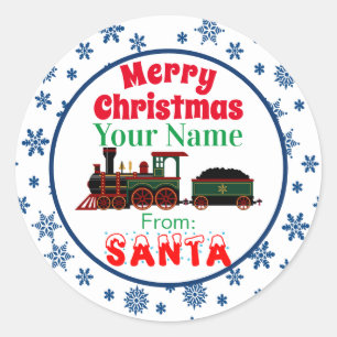 Merry Christmas Train from Santa Blue Snowflakes Classic Round Sticker
