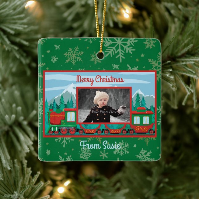 Merry Christmas Train Photo Ceramic Ornament (Tree)