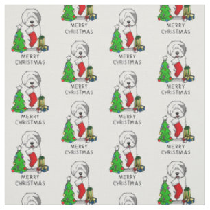 Merry Christmas Tree 2 Old English Sheepdog Grey 1 Fabric