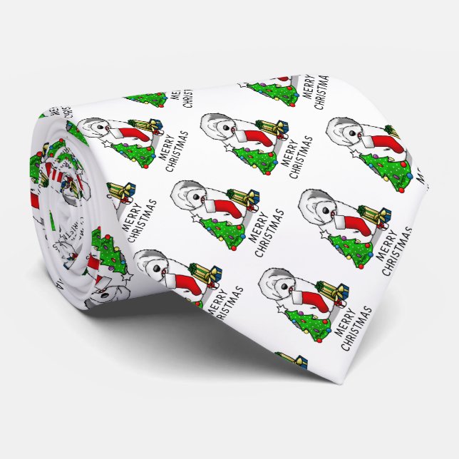 Merry Christmas Tree 2 Old English Sheepdog Grey 1 Tie (Rolled)
