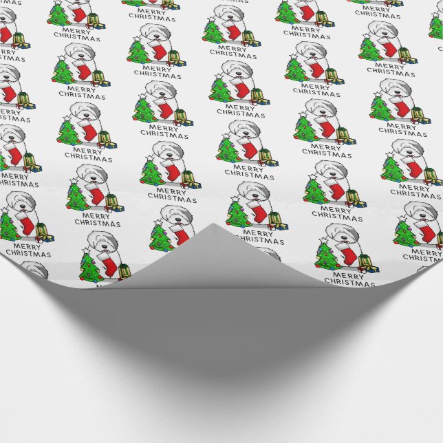 Merry Christmas Tree 2 Old English Sheepdog Grey 1 Wrapping Paper (Corner)