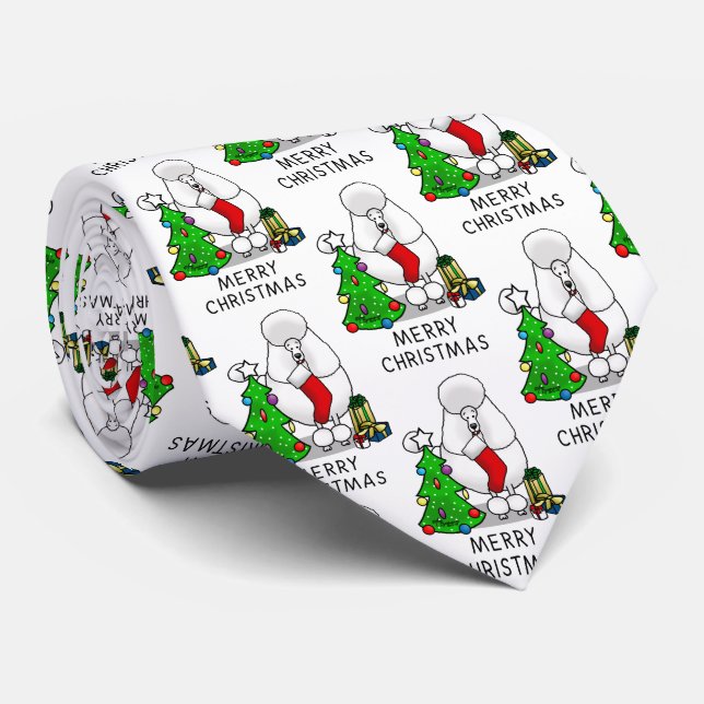 Merry Christmas Tree 2 Poodle (white) Dog Fun Tie (Rolled)