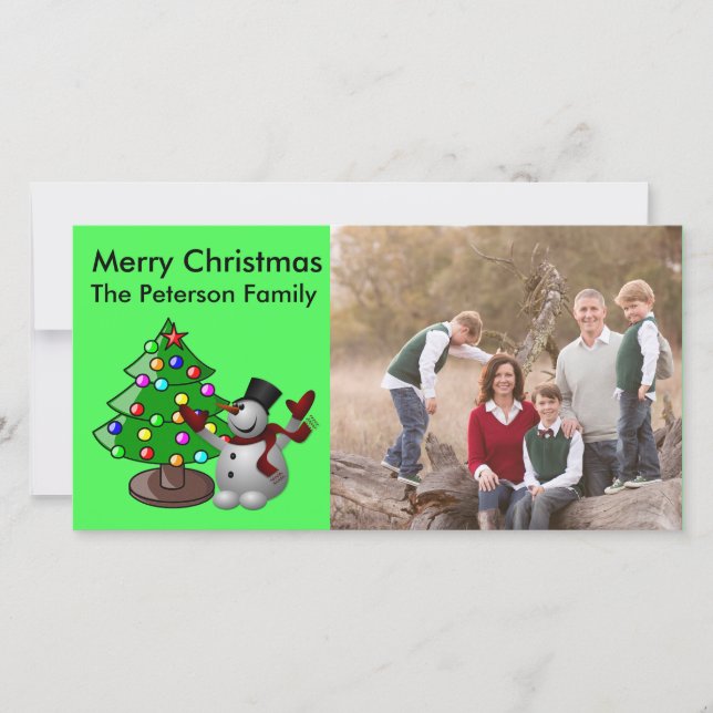 Merry Christmas Tree & 3D Snowman Photocard Holiday Card (Front)