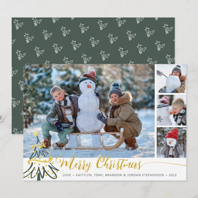 Merry Christmas Tree 4 Photo Collage Holiday Card (Front/Back)
