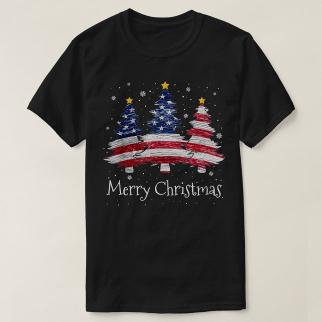 Merry Christmas Tree American Flag Family Christma T-Shirt (Design Front)