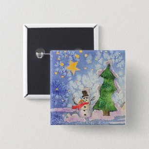 Merry Christmas Tree And Frosty Snowman Watercolor 15 Cm Square Badge