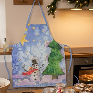 Merry Christmas Tree And Frosty Snowman Watercolor Apron