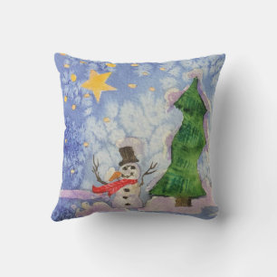 Merry Christmas Tree And Frosty Snowman Watercolor Cushion