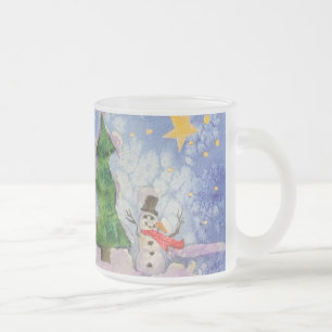 Merry Christmas Tree And Frosty Snowman Watercolor Frosted Glass Coffee Mug