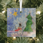 Merry Christmas Tree And Frosty Snowman Watercolor Glass Tree Decoration<br><div class="desc">Square Shaped Glass Christmas Tree Decoration Hanging Ornament printed with Merry Christmas Tree And Frosty Snowman Watercolor painting original artwork design and select products collection by TheFabricSeal print on demand shop at Zazzle.com #ZazzleMade https://www.zazzle.com/store/thefabricseal TheFabricSeal©️Original. This cheerfully fun design image print is a hand painted watercolor painting is a whimsical...</div>