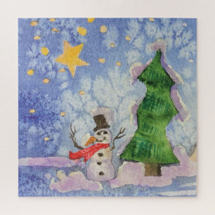 Merry Christmas Tree And Frosty Snowman Watercolor Jigsaw Puzzle