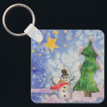Merry Christmas Tree And Frosty Snowman Watercolor Key Ring<br><div class="desc">Keychain key fob holder ring printed with Merry Christmas Tree And Frosty Snowman Watercolor painting original artwork design and select products collection by TheFabricSeal print on demand shop at Zazzle.com #ZazzleMade https://www.zazzle.com/store/thefabricseal TheFabricSeal©️Original. This cheerfully fun design image print is a hand painted watercolor painting is a whimsical wintertime season landscape...</div>