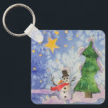 Merry Christmas Tree And Frosty Snowman Watercolor Key Ring<br><div class="desc">Keychain key fob holder ring printed with Merry Christmas Tree And Frosty Snowman Watercolor painting original artwork design and select products collection by TheFabricSeal print on demand shop at Zazzle.com #ZazzleMade https://www.zazzle.com/store/thefabricseal TheFabricSeal©️Original. This cheerfully fun design image print is a hand painted watercolor painting is a whimsical wintertime season landscape...</div>