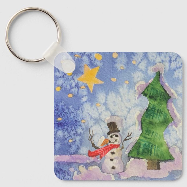 Merry Christmas Tree And Frosty Snowman Watercolor Key Ring (Front)