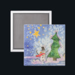 Merry Christmas Tree And Frosty Snowman Watercolor Magnet<br><div class="desc">Square Shaped Magnet printed with Merry Christmas Tree And Frosty Snowman Watercolor painting original artwork design and select products collection by TheFabricSeal print on demand shop at Zazzle.com #ZazzleMade https://www.zazzle.com/store/thefabricseal TheFabricSeal©️Original. This cheerfully fun design image print is a hand painted watercolor painting is a whimsical wintertime season landscape scene with...</div>