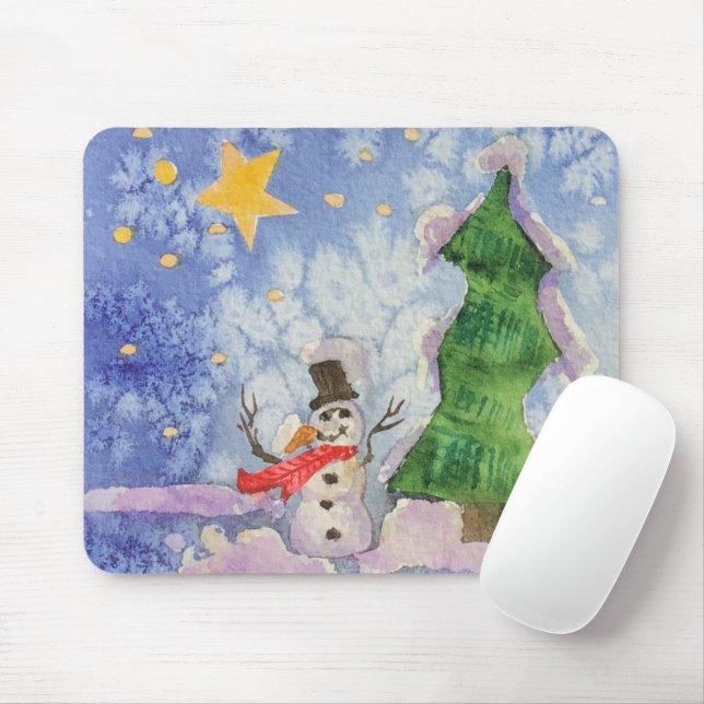 Merry Christmas Tree And Frosty Snowman Watercolor Mouse Mat (With Mouse)