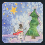 Merry Christmas Tree And Frosty Snowman Watercolor Square Sticker<br><div class="desc">Square Sticker Decals printed with Merry Christmas Tree And Frosty Snowman Watercolor painting original artwork design and select products collection by TheFabricSeal print on demand shop at Zazzle.com #ZazzleMade https://www.zazzle.com/store/thefabricseal TheFabricSeal©️Original. This cheerfully fun design image print is a hand painted watercolor painting is a whimsical wintertime season landscape scene with...</div>