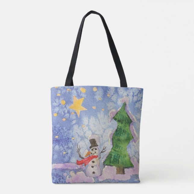 Merry Christmas Tree And Frosty Snowman Watercolor Tote Bag (Back)