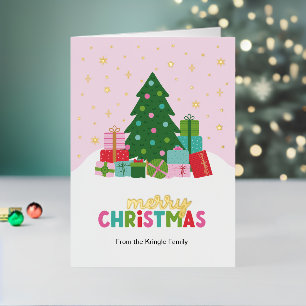 Merry Christmas Tree and Gifts in Pastel Pink Foil Holiday Card