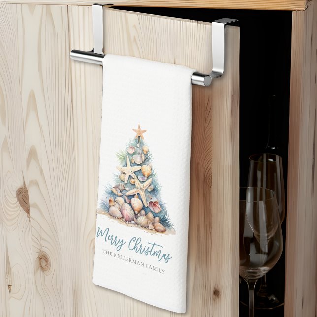 Merry Christmas Tree Beach Tea Towel (Merry Christmas Tree Beach kitchen towel )