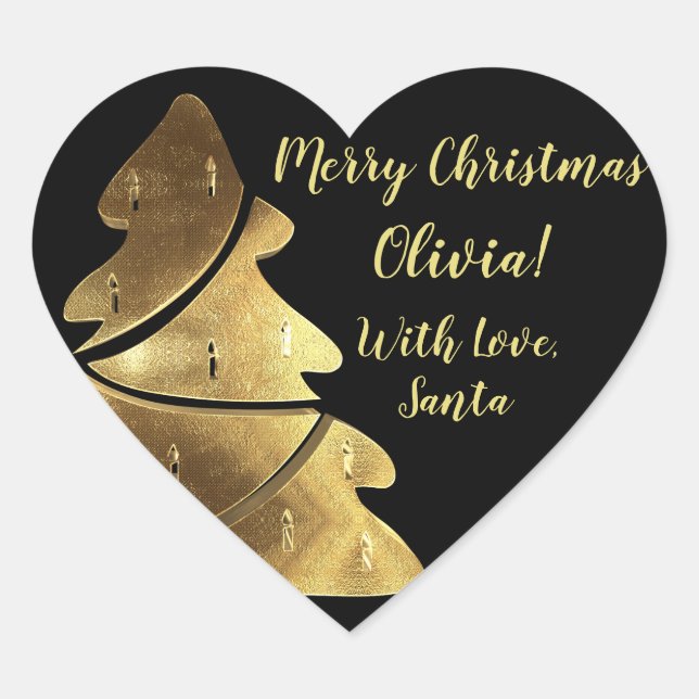 Merry Christmas Tree Black and Gold Elegant Heart Sticker (Front)