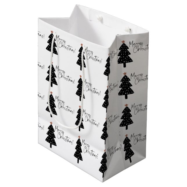 Merry Christmas Tree Black and White  Medium Gift Bag (Front Angled)