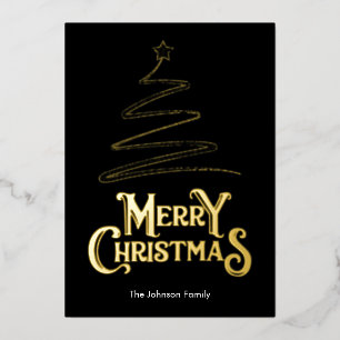 Merry Christmas Tree Black Background Gold Foil Holiday Card