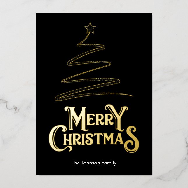 Merry Christmas Tree Black Background Gold Foil Holiday Card (Front)