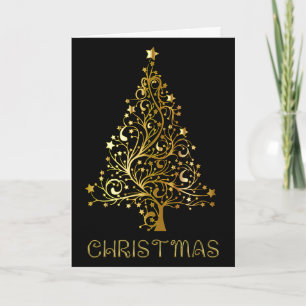 Merry Christmas Tree Black Gold Shiny Typography Holiday Card