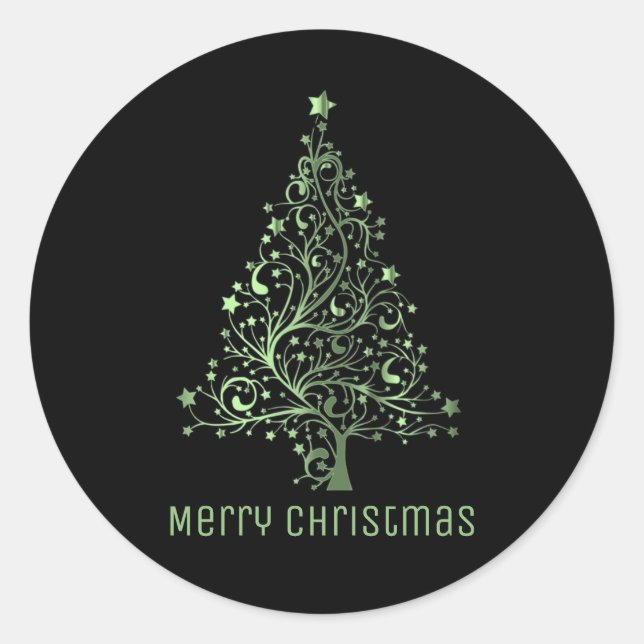 Merry Christmas Tree Black Metallic Green Classic Round Sticker (Front)