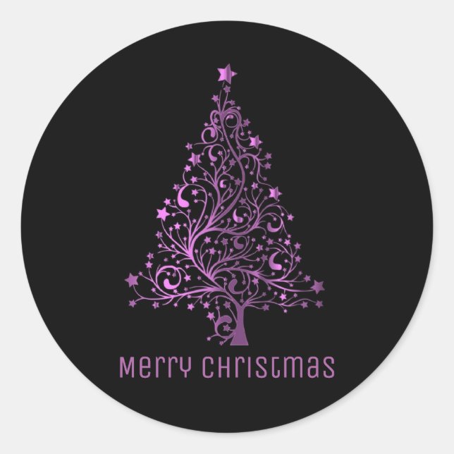 Merry Christmas Tree Black Metallic Pink Classic Round Sticker (Front)
